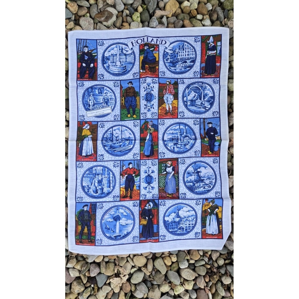 VTG Holland Souvenir Tea Towel Dutch Scene Amsterdam Delft Netherlands Travel‎